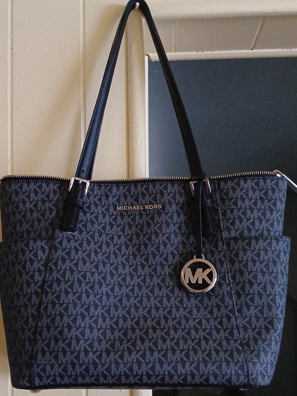 Michael Kors Black MK Signature Tote with Gold Charm